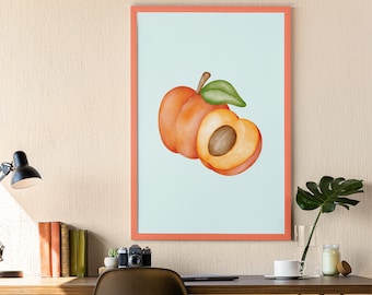 Watercolour Peach Art Print, Peaches Print, Digital Art Download, Peach Fruit Market Botanical Wall Art, Peaches Kitchen Art Print Cute