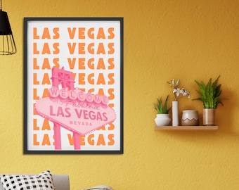 Las Vegas Art Print, Las Vegas Printable Wall Art, Las Vegas Travel Print | Digital Art Download | Pink Orange Las Vegas Travel Exhibition