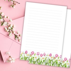 Tulipán rosa y narciso blanco Papelería de escritura de cartas imprimible, Papelería imprimible, Papel de carta, Descarga digital, Papelería floral