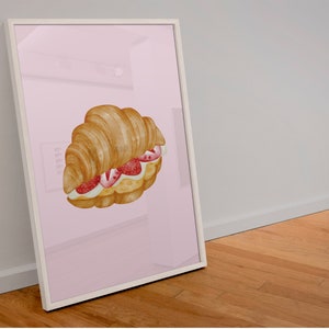 Strawberry Croissant Watercolour Art Print, Printable Wall Art, Printable Art Print, Strawberry Decor, Croissant Art Print, Digital Download