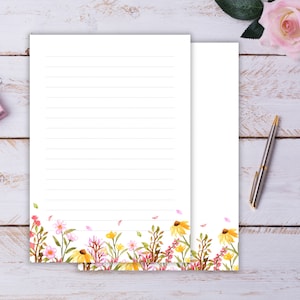 Pink & Yellow Floral Letter Writing Stationery, Printable Stationery, Flower Stationery, Floral Writing Paper, Floral Paper