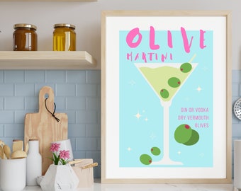 Utskrivbar väggkonst med olivgrönt Martini, Martini-konsttryck, Nedladdningsbar konst med Martini, Väggkonst för kök, Väggkonst med olivgrönt, Cocktaildekor