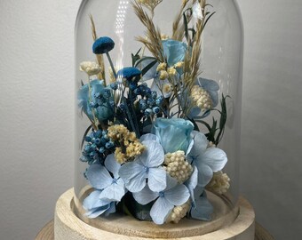 Cloche en Verre avec fleur Bleue "Rue de la Source" - cadeau original pour elle, décoration intérieure