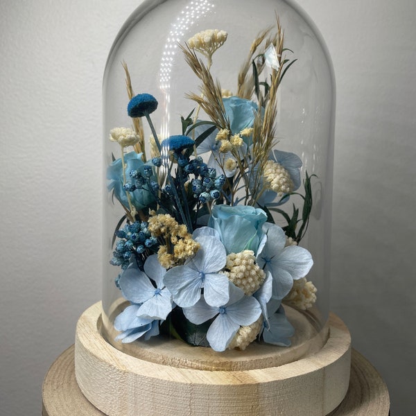 Cloche en Verre avec fleur Bleue "Rue de la Source" - cadeau original pour elle, décoration intérieure