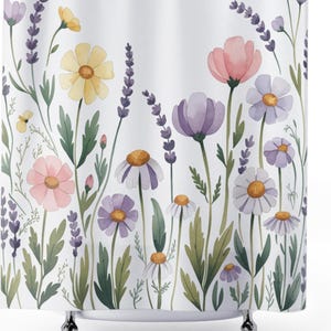 Wildflower Shower Curtain, Pink Purple Yellow Green White, Colorful Floral Bath Curtain, Flower Bath and Shower Curtain