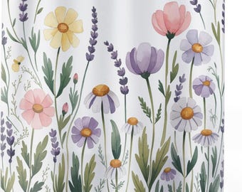 Wildflower Shower Curtain, Pink Purple Yellow Green White, Colorful Floral Bath Curtain, Flower Bath and Shower Curtain
