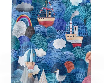 Nautical Shower Curtain, Whimsical Ocean Mountain Bathroom Curtain Teal and Blue Bath Decor
