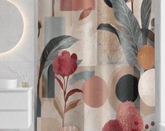 Botanical Shower Curtain Muted Rose Charcoal Sand Beige Colors Floral Nature-Inspired Bathroom Design