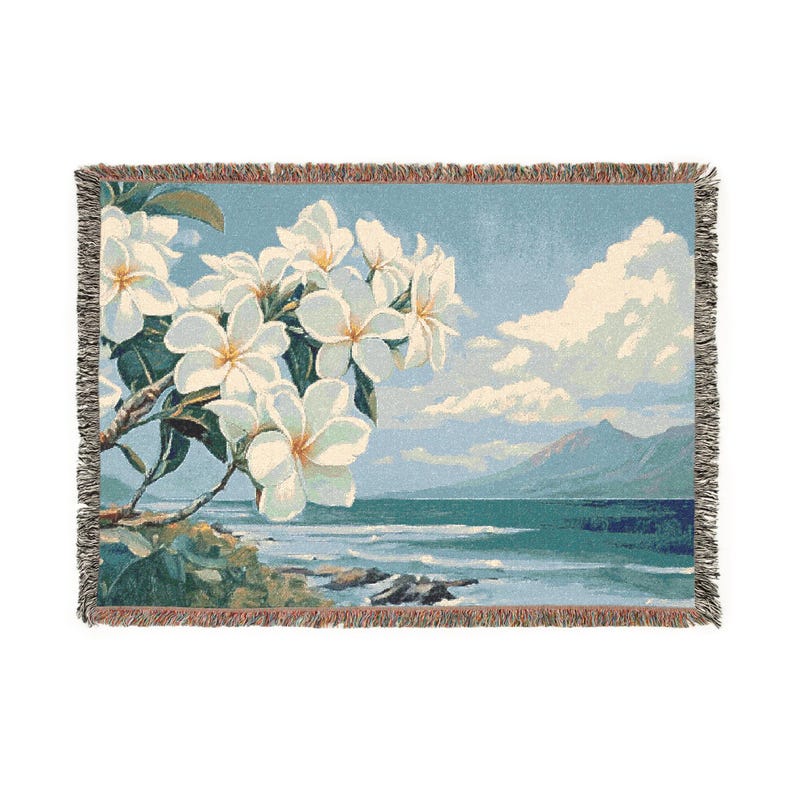 Plumeria Flowers Woven Blanket, Vintage Hawaiian Beach Landscape, Floral Tropical Sofa Throw, Summer Picnic Blanket, Woven Tapestry