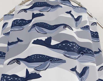 Whales Shower Curtain, Nautical Ocean Bathroom Coastal Beach House Decor Marine Life Bathroom Curtain Whale Lover Bathroom Design