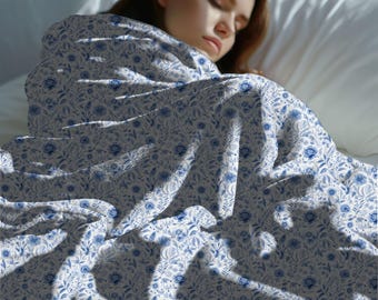 Blue Toile VELVETEEN Fleece Blanket, French Country Style Blue on White Background, Bed Blanket or Sofa Throw, Thoughtful Gift