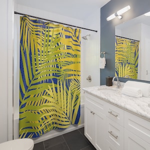 Palms Shower Curtain | Designer Bathroom Curtain | Tropical Palm Fronds Long Fabric Shower Curtain 71 x 74&quot;