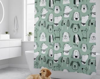 Tenda da doccia con illustrazione di cane, verde, bianca e nera, decorazione per il bagno con cuccioli.