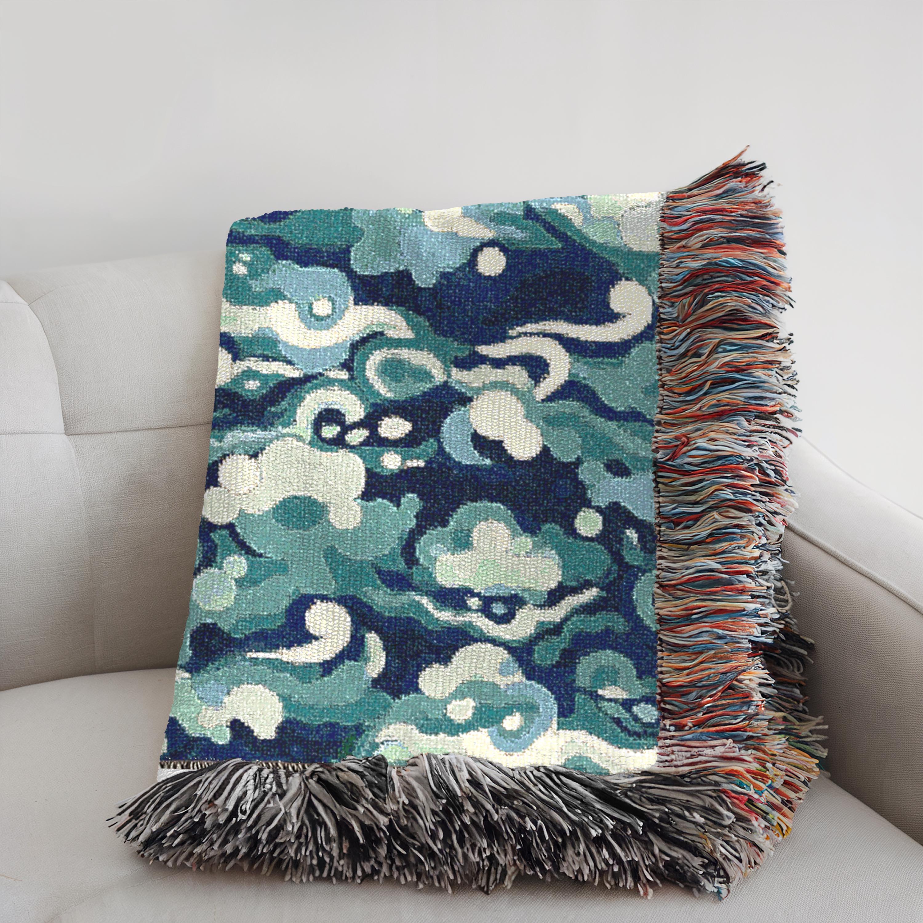 Ocean Waves Woven Blanket, Blue Teal Nautical Sea Blanket, Cotton