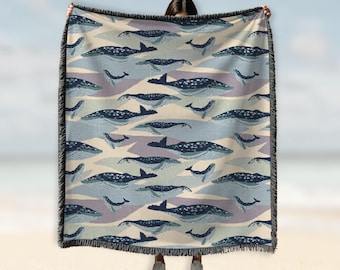 Whale Art Woven Blanket, Ocean Decor, Nautical Beach House Gift, Coastal Bedroom Woven Throw