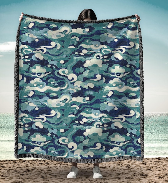 Ocean Waves Woven Blanket, Blue Teal Nautical Sea Blanket, Cotton