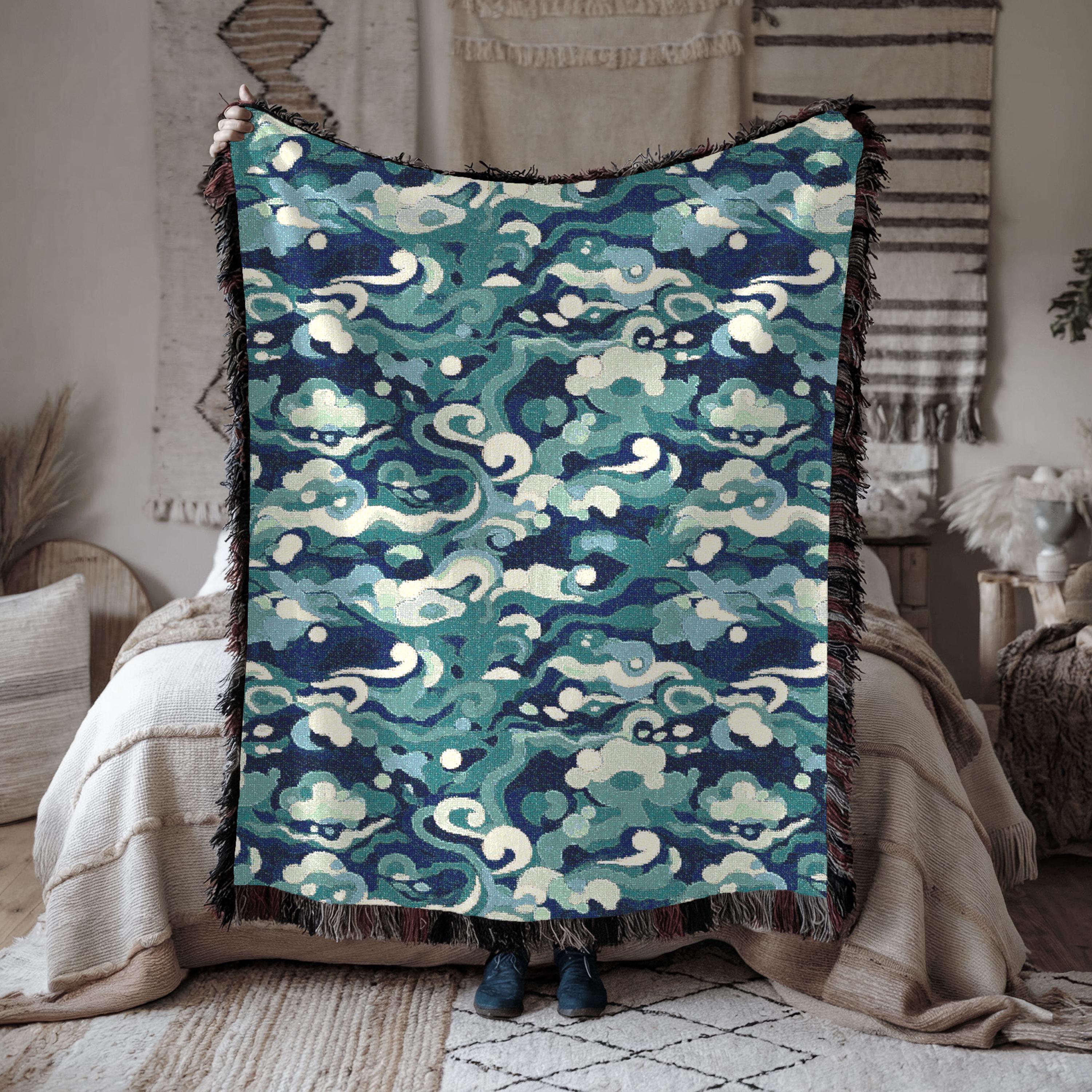 Ocean Waves Woven Blanket, Blue Teal Nautical Sea Blanket, Cotton