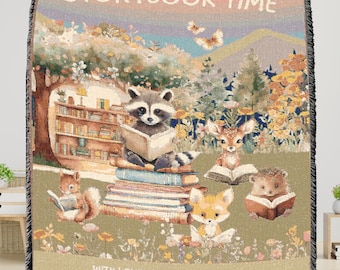 Custom Woodland Animals Woven Blanket Personalized Storybook Time Raccoon Fox Hedgehog Gift for Booklover Woven Throw Blanket