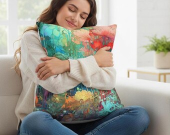 Botanical Art Pillow Cover, Teal Throw Pillow, 14x14" - 16x16" - 18x18" - 20x20' Soft Suede Case