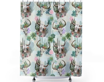 Cow Skull Shower Curtain: Retro Western Cactus Floral Bathroom Decor