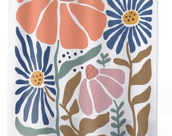 Flower Market Shower Curtain, Bold Boho Colors Coral Blue Pink Tan Gray Green, Fabric Shower Curtain, Bath, Corner Shower, Bathroom Design