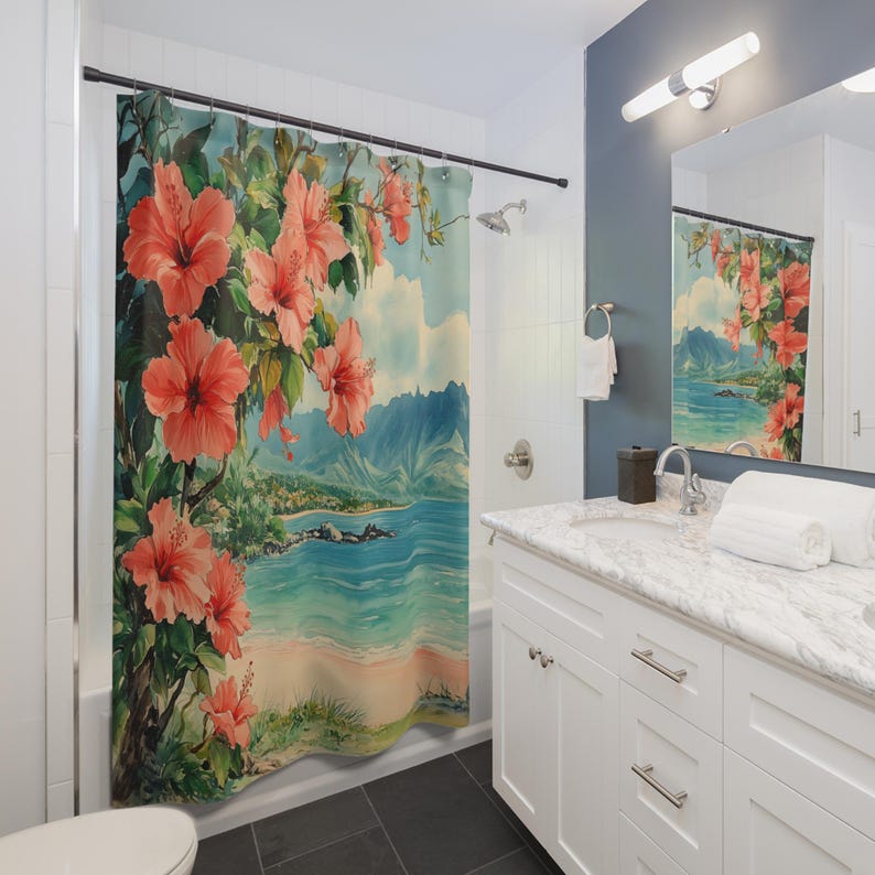 Hawaii Shower Curtain Hibiscus Palm Background main image 0