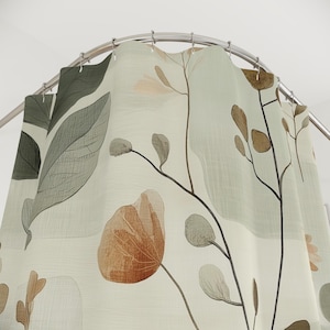 Organic Nature Inspired Shower Curtain, Soft Sage Green, Cream, Beige, Light Gray, Terracotta,