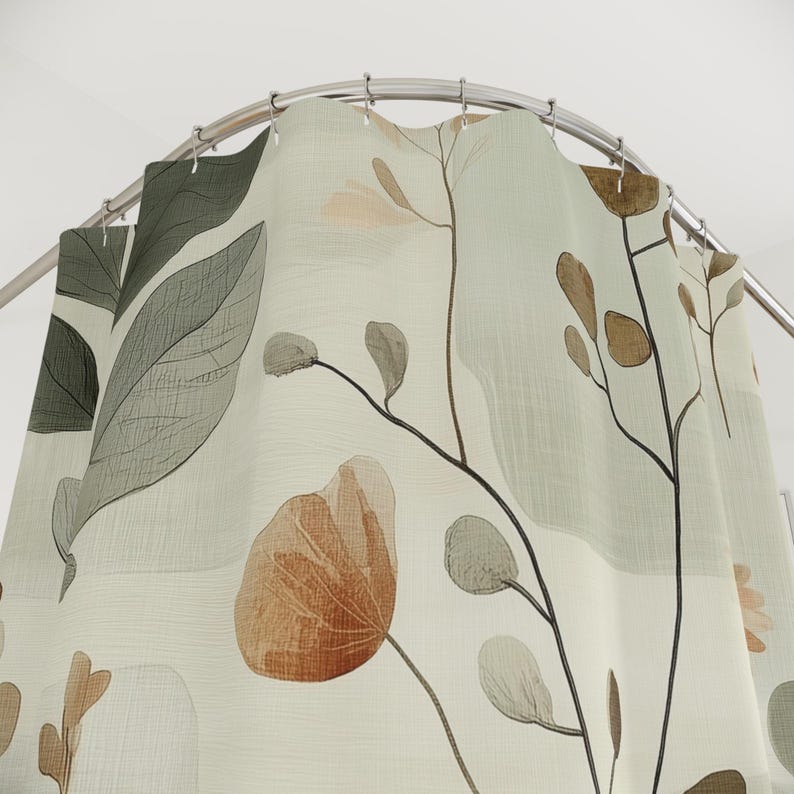 Organic Nature Inspired Shower Curtain, Soft Sage Green, Cream, Beige, Light Gray, Terracotta,
