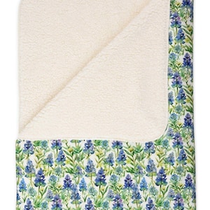 Texas Bluebonnet Sherpa 50x60&quot; Fleece Blanket, Texas Bluebonnet Watercolor Floral Plush Back Sherpa Blanket, Texas State Flower Blanket