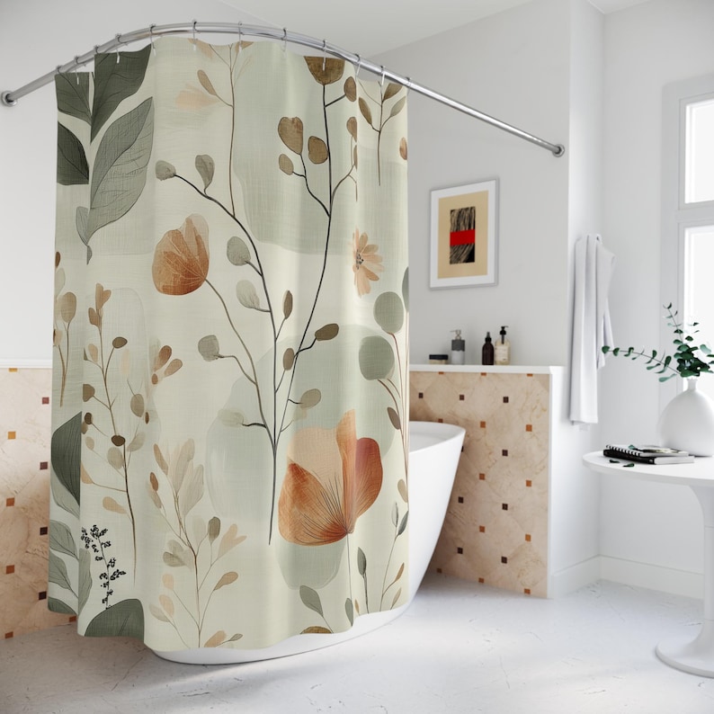 Minimalist botanical boho shower curtain in sage green, terracotta, beige