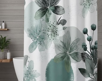 Botanisk duschdraperi: Blågrönt tryck med minimalistisk design