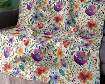 Watercolor Velvet Blanket, Colorful Wildflowers Crushed Velvet Blanket 50" × 60" Throw Blanket, Shimmery Velvet Cozy Soft Bed Blanket Throw