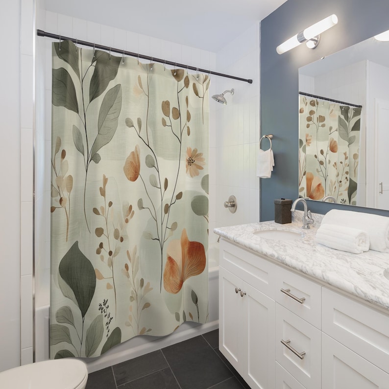 Botanical Organic Elements Fabric Shower Curtain beige sage green