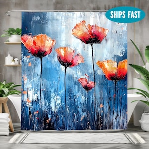 Poppy Flower Shower Curtain, Slate Blue Orange Red Floral Shower Curtain, Nature Abstract Shower Curtain