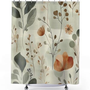Minimalist Boho Shower Curtain, Soft Sage Green, Cream, Beige, Light Gray, Terracotta, Botanical Organic Elements, Fabric Shower Curtain