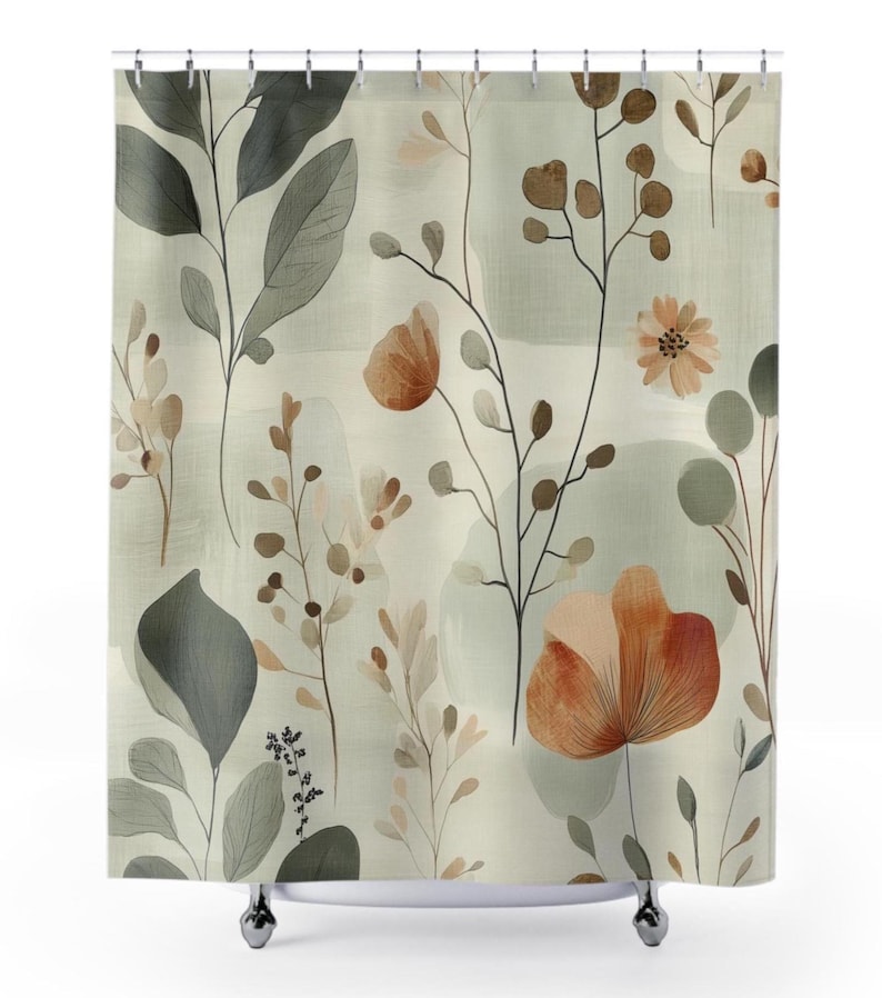 Minimalist Boho Shower Curtain, Soft Sage Green, Cream, Beige, Light Gray, Terracotta, Botanical Organic Elements, Fabric Shower Curtain