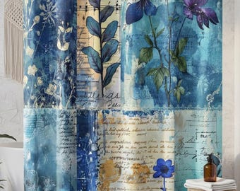 幾何学模様のリネンシャワーカーテン：ティール＆ブラウンの