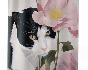 Tuxedo Cat Shower Curtain: Van Gogh Style Pink Floral Bath Art Curtain