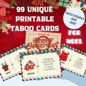 Taboe-spel voor kerst, digitale kersttaboe-kaarten, taboe-kaarten voor oudejaarsavond, afdrukbaar kersttaboe-spel voor kinderen en volwassenen