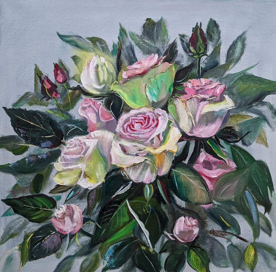 バラの油絵：手作り印象派の花の静物画、16 x 16インチ - Etsy 日本