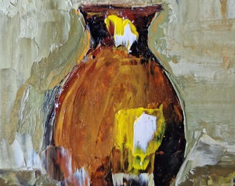 Jug Original Oil Painting, Modern Still Life, Kitchen Wall Decor, Shelf Decor, Hand made Artwork, Gift ,Small Framed Art 7.5 x 10 cm