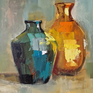 Carafe nature morte jaune vert peinture originale peinture à l'huile abstraite cuisine décoration murale couteau à palette salon décoration art moderne image 1