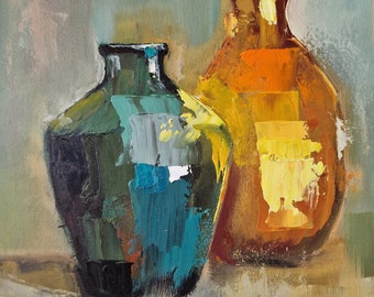 Carafe nature morte jaune vert peinture originale peinture à l'huile abstraite cuisine décoration murale couteau à palette salon décoration art moderne