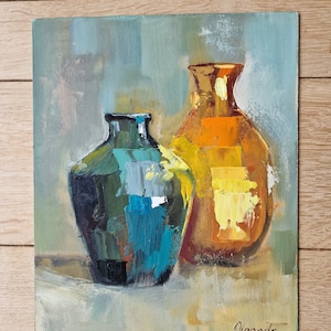 Carafe nature morte jaune vert peinture originale peinture à l'huile abstraite cuisine décoration murale couteau à palette salon décoration art moderne image 4