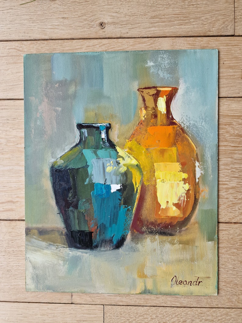 Carafe nature morte jaune vert peinture originale peinture à l'huile abstraite cuisine décoration murale couteau à palette salon décoration art moderne image 4