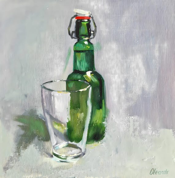 オリジナルの油絵「緑のボトルとガラス」、小さな静物画、オレアンドル