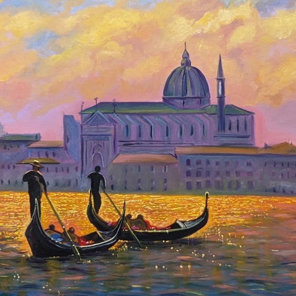 Venise coucher de soleil original peinture à l'huile gondoles Architecture Italie, peinture 61 x 40 cm par Olena Andreieva