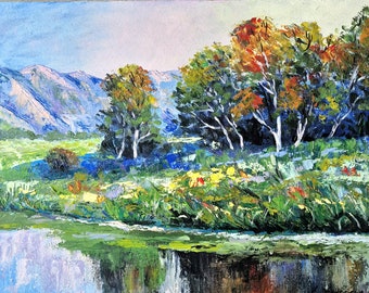 Jour d'été sur la rivière, peinture à l'huile originale paysage rustique Nature, art mural 30 x 40 cm par Oleana Andreieva