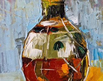 Decanter Pintura al óleo original, Bodegón moderno, Decoración de la pared de la cocina, Decoración de estantes, Obras de arte hechas a mano, Regalo, Arte enmarcado pequeño 7,5 x 10 cm