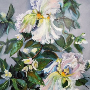 Irises Original Oil Painting Canvas Handmade Painting Flowers Wall Decor Floral Motif Still life Best Gift Idea 16&quot; x 20&quot; by Olena Andreieva